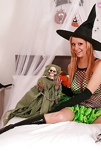 Lydia Demonstrates Her Irresistible Witch Costume And Green Satin Panty