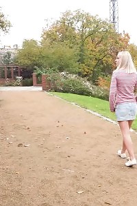 Excellent Blonde Squats On Steps Outdoors To Piss