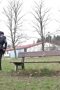 Raven Haired Bitch Pisses Over Wooden Bench