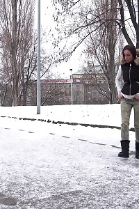 Brunette Doll Turns The Snow Yellow