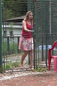 Great Babe In Pink Boots Sprays Her Piss Outside