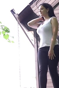Black Haired Honey Pisses Down Stone Steps