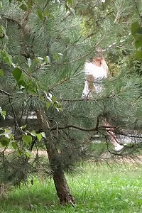 Excellent Blonde Pisses Outside On A Bench